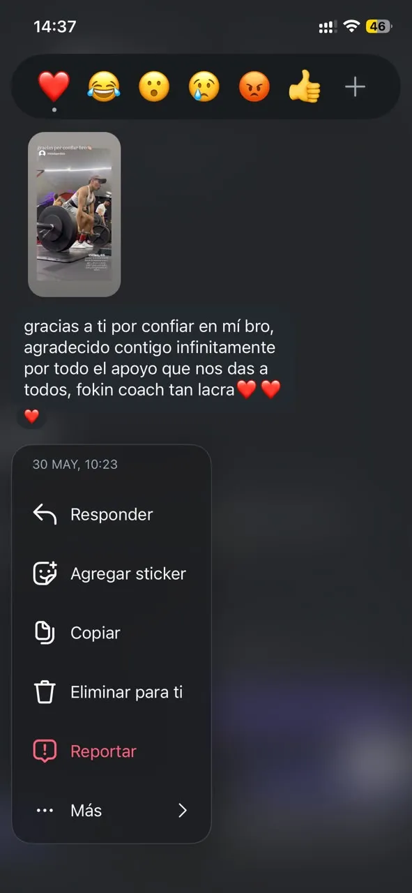 Captura de WhatsApp con el testimonio real de un atleta de Overlimit